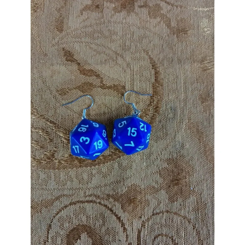 OOAK Hand-Assembled Blue D20 Dice Earrings RPG D&D Gamer Geek Statement